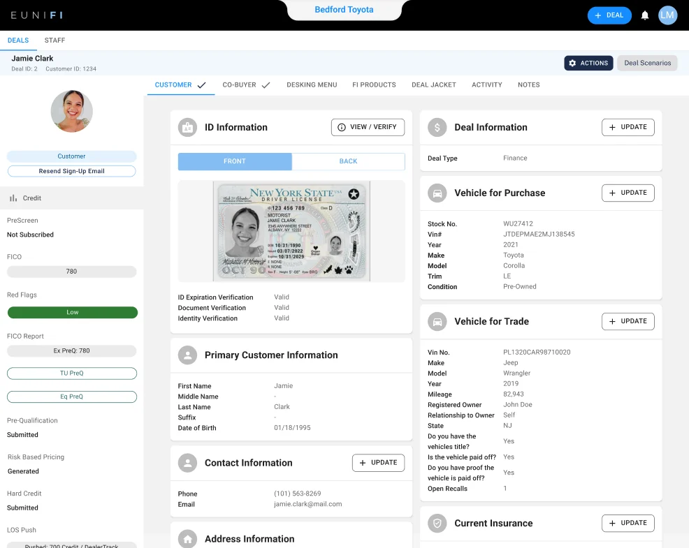 Une transaction Eunifi avec score FICO, niveau Red Flag, préqualification et statut de tarification fondée sur le risque